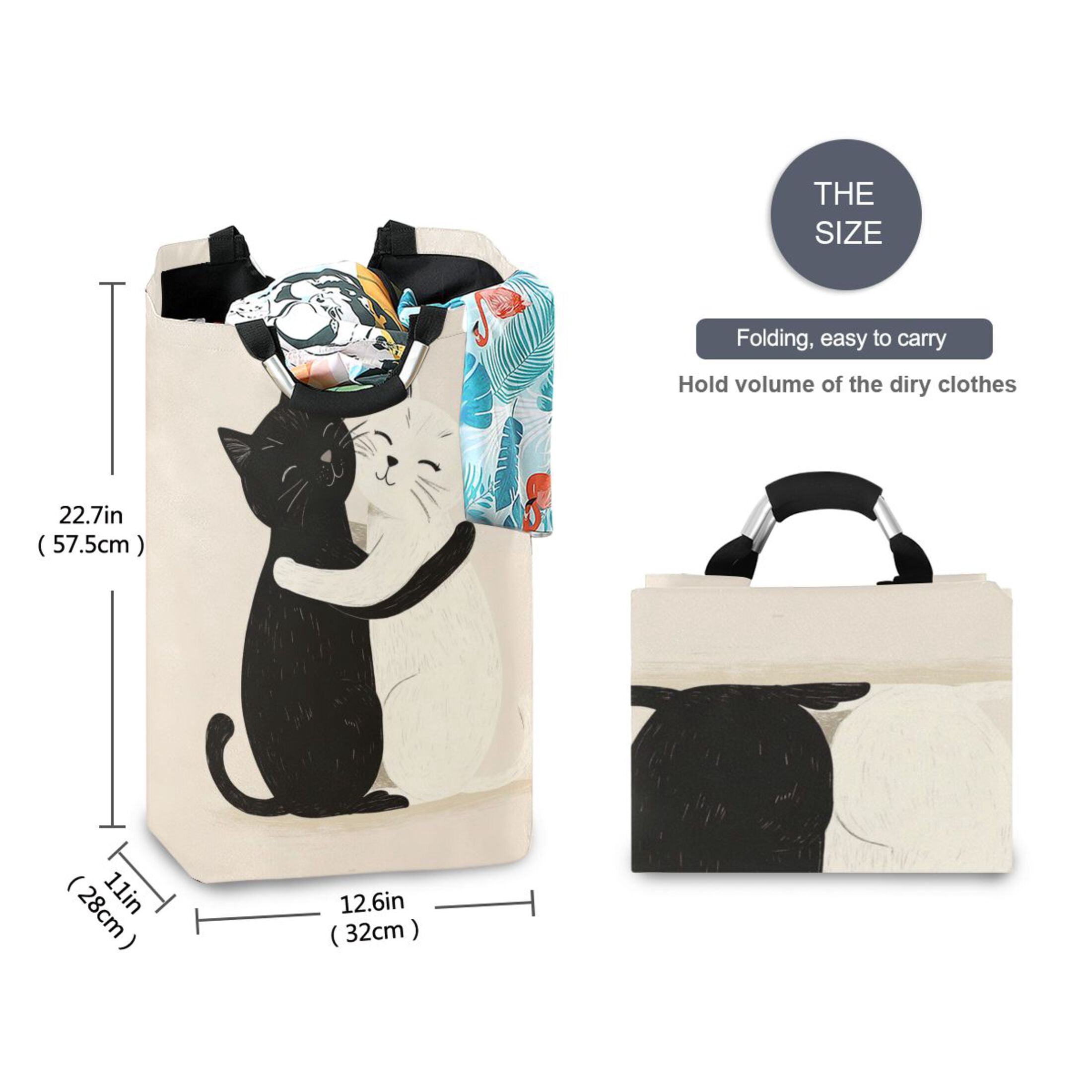 Laundry Basket Laundry Hampers 12.6*11* 22.7 Inch Storage Basket Laundry Hampers is Lightweight and Foldable Black Cat and White Cat