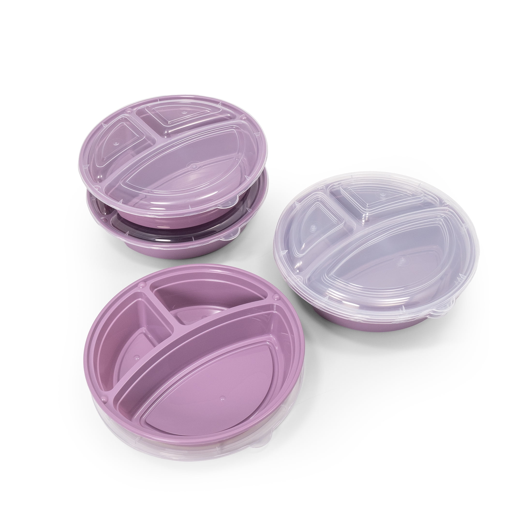 Mainstays 5-Pack 3-Compartment Round BPA-Free Plastic Meal Prep Food Storage Containers, 1L, Lilac Bloom