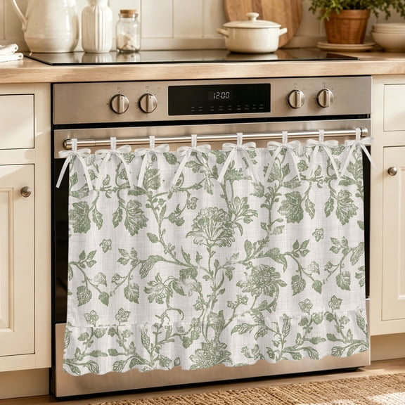 Farmhouse Sage Green Oven Skirt Curtain 32"Wx24"L,Waterproof Ruffled Stove Cover Skirt with 8 Ribbon Ties,Vintage Flower Leaf Botanical Decorative Oven Door Curtains for Kitchen Cabinet Storage