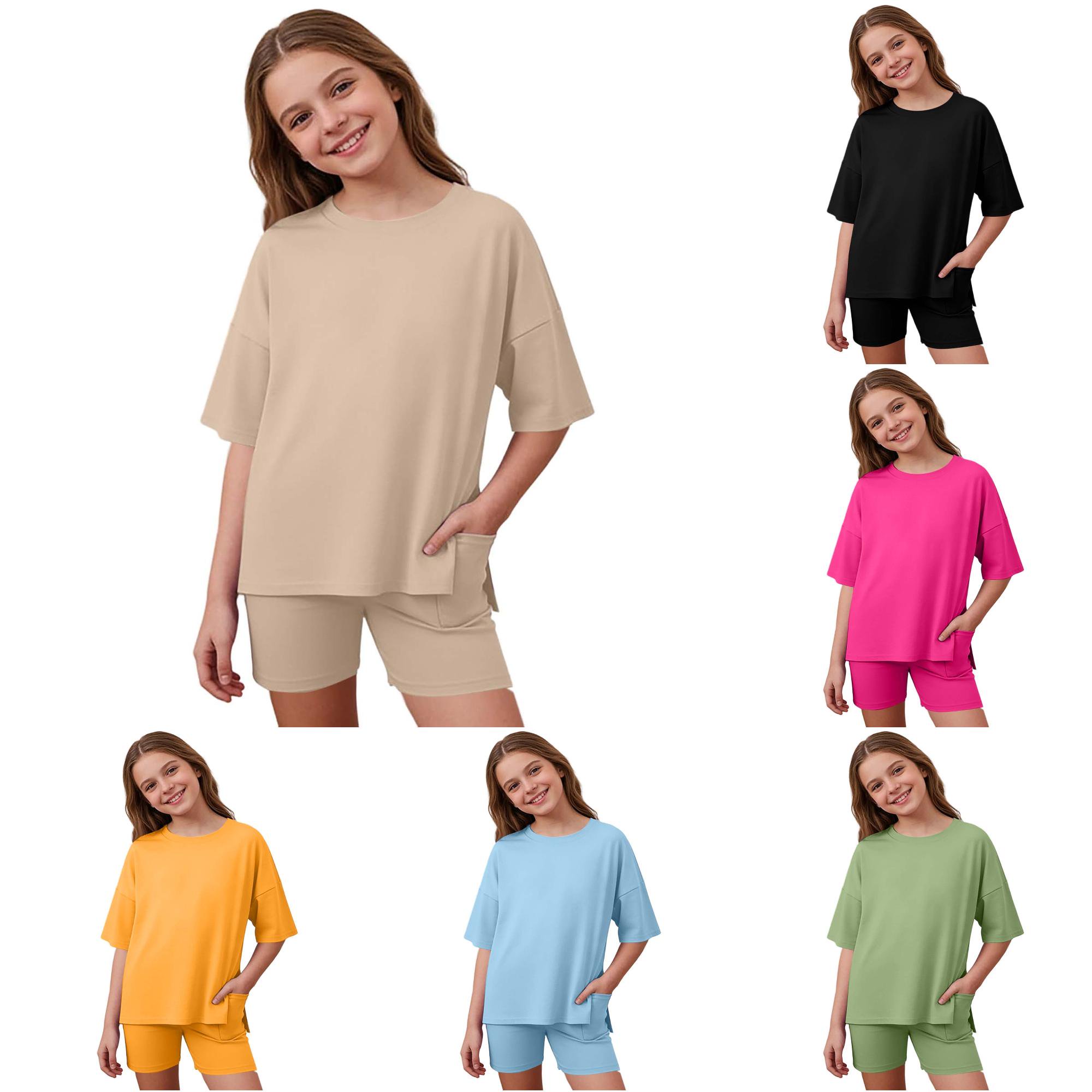 TIANZEN Girls Summer Casual Two Piece Loose Side Opening Shirt And Cycling Shorts Suitable For 5 13 Years Outfits for Baby