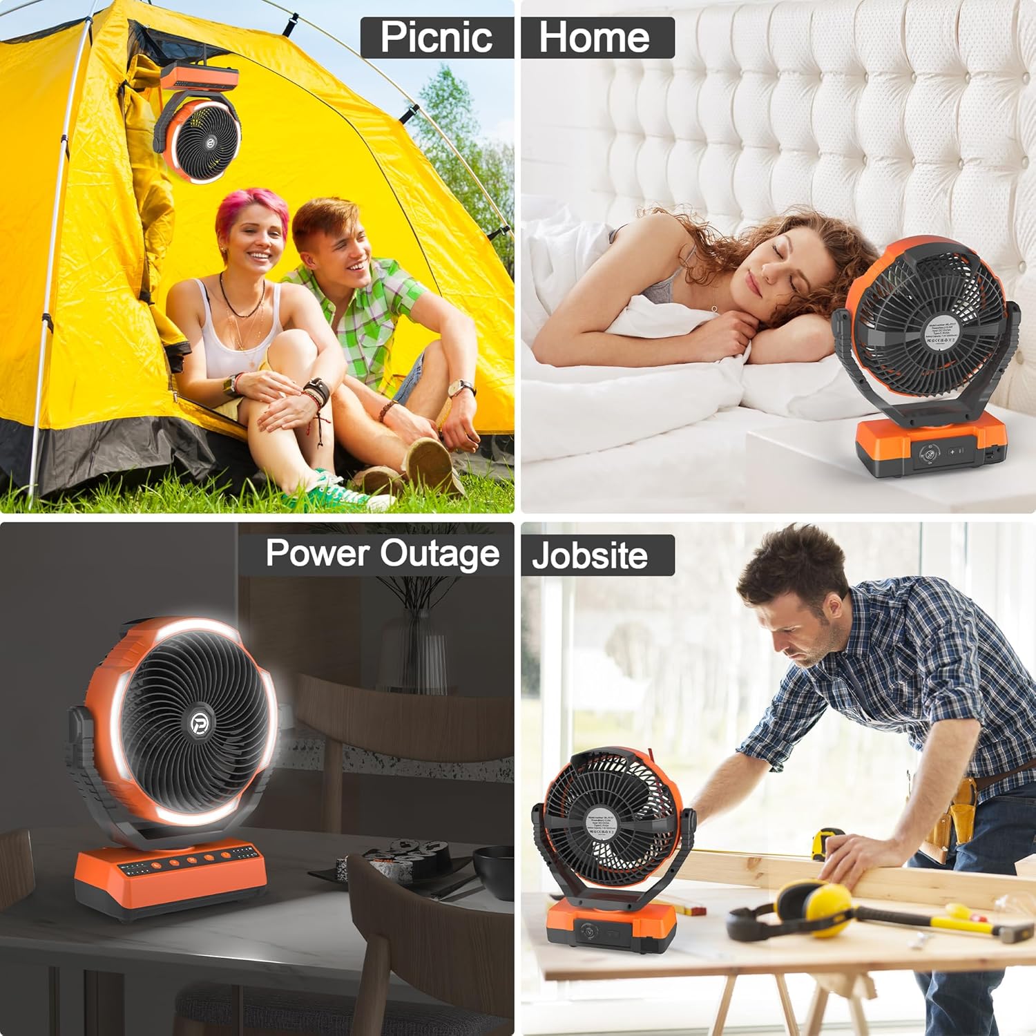 20000mAh Rechargeable Camping Fan with Light, 70HRS Running, Auto Oscillating, 4-Speed,for Tent, Travel, Power Outage, Jobsite,Charger Adapter Included