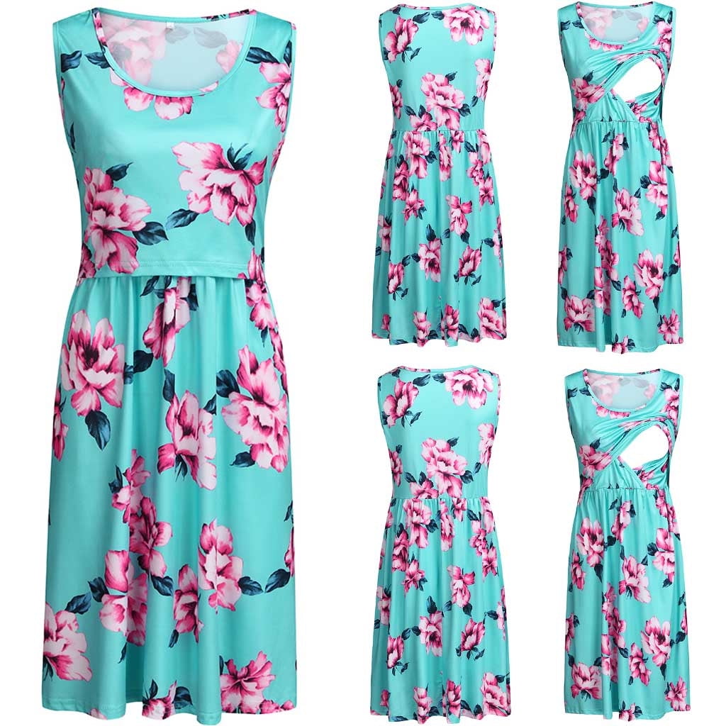 Womens Sleeveless Floral Maternity Dresses Nursing Breastfeeding Clothes with Pocket
