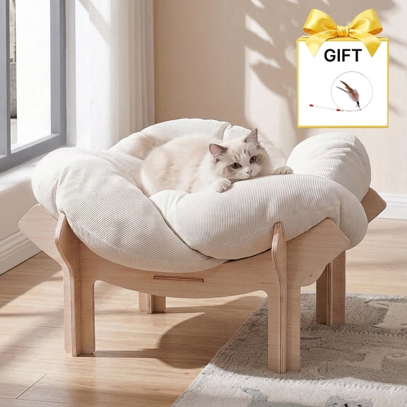 Cat bed with flower-shaped soft cushion and cat teasing stick