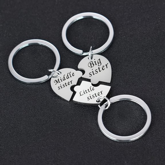 Stainless Steel Sister Keychain Set - Cute Matching Heart Puzzle Design, Big Sis Mid Sis Lil Sis Engraved Key Rings, Creative Bag Charms & Backpack Pendants, Sister Gift |Sisterhood Symbols|Stainl