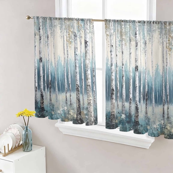 Spring Forest Semi Sheer Curtains 54 Inch Length 2 Panels Set, Grey Tree Branch Impressionist Style Sheer Kitchen Curtain Privacy Voile Window Curtain for Living Room Bedroom Rod Pocket Drapes