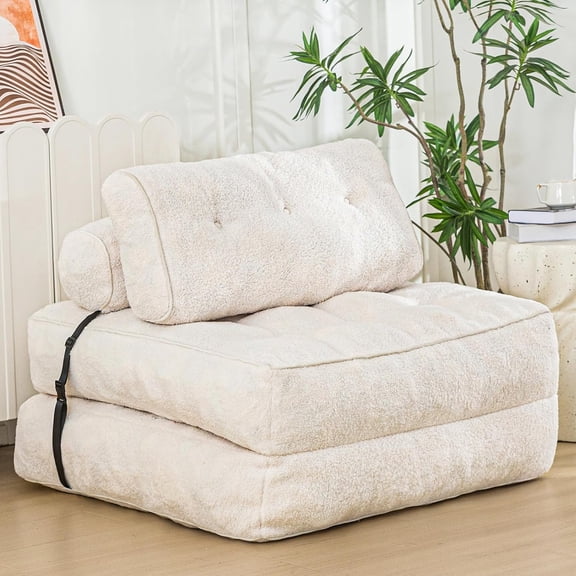 XH Folding Sofa Bed, Convertible Sleeper Chair with Pillow Foldable Mattress with Back Support, Portable Fold Out Sofa Couch Fuzzy Fabric Comfy Floor Lounge for Living Room Apartment, Beige
