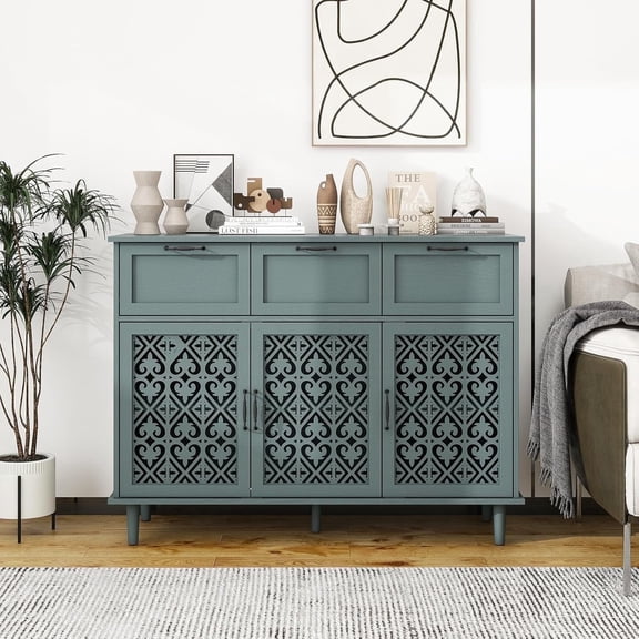 LFGUIZO  47″Green Bohemia Sideboard with 3 Drawers 3 Doors and 2 Adjustable Shelves Modern Accent Storage Cabinet for Dining Room Living Room TV Stand