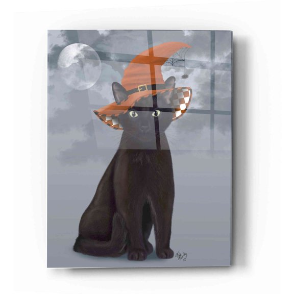 Epic Art 'Halloween Black Cat in Witches Hat' by Fab Funky Acrylic Glass Wall Art, 12"x16"