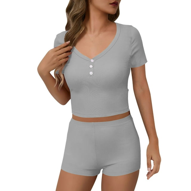 ShomPort Womens 2PC Matching Set Short Sleeve V-Neck Button T-Shirts High Waist Slim Shorts Smoothing Going Out Breathable Outfits