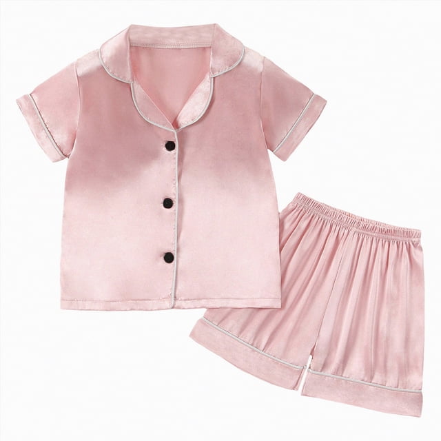 Curenmufel Kid Pajamas Girls Ruffle Short Sleeve Button Front Top with Ruffle Short, 2-Piece Pajama Set 5T 6T (Rose Gold,5-6 Years)