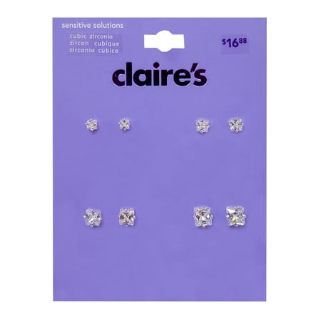 Claire's Girls Silver Graduated Square Stud Earrings Set, Rhinestone, 4-Pack