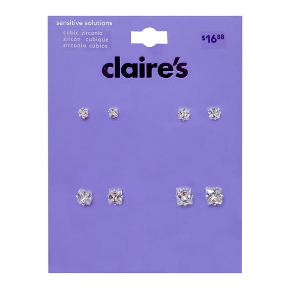 Claire's Girls Silver Graduated Square Stud Earrings Set, Rhinestone, 4-Pack