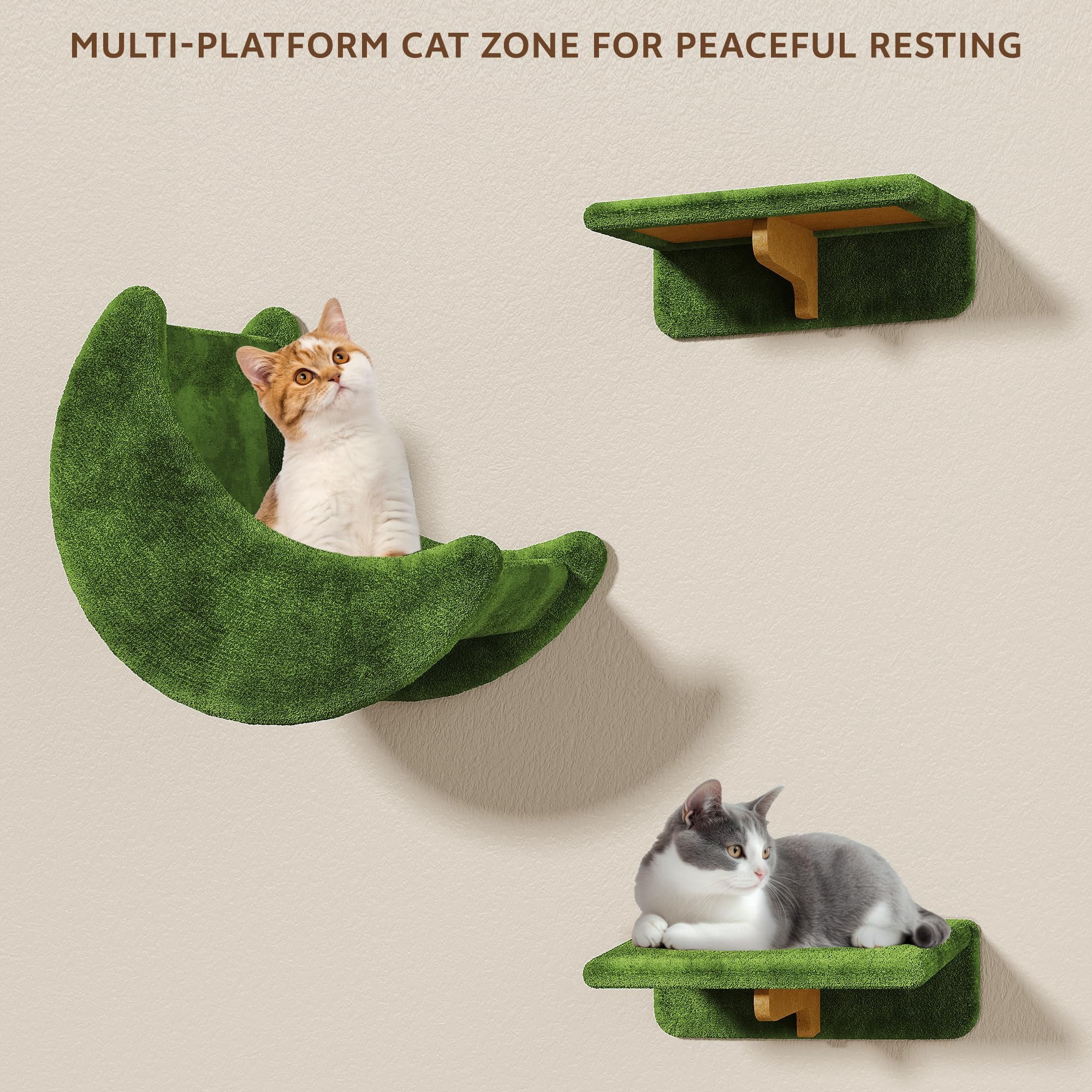 13-in-1 Cat Wall Shelves  Mounted Cats Furniture Set With Plush Fabric Climbing Systems Shelf Moon Hammock Condo House Step Bridge Ladder Green