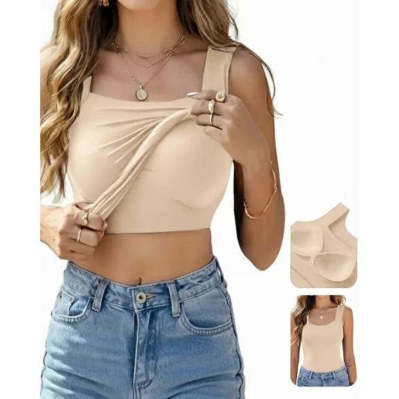 CHICME Womens Tank Tops With Built In Bras U-Neck Sleeveless Vest Elastic Slim Fit Shapewear Camisole Beige-L