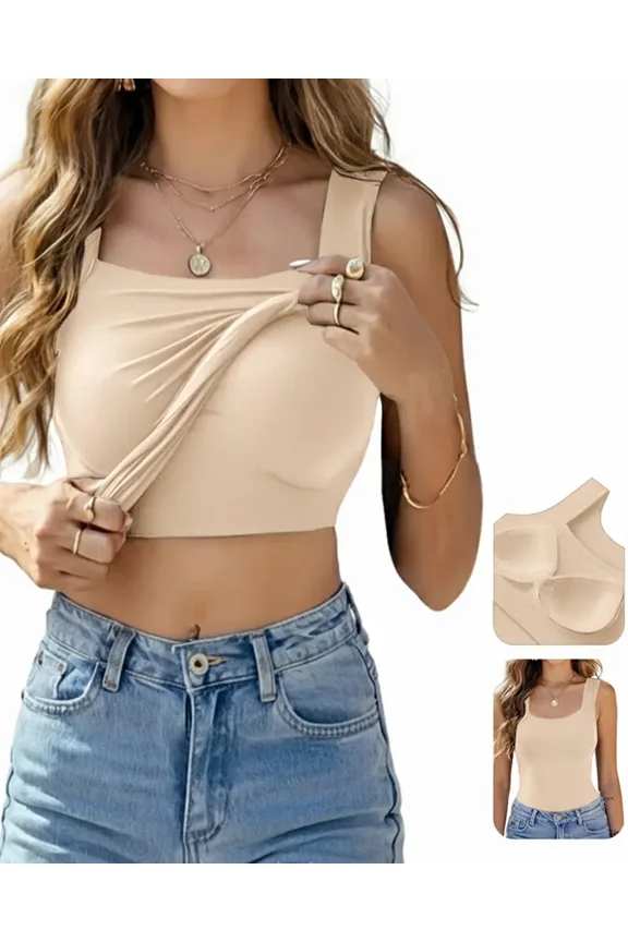Womens Tank Tops With Built In Bras U-Neck Sleeveless Vest Elastic Slim Fit Shapewear Camisole Beige-L