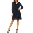thumbnail image 3 of MODA NOVA Junior's Solid Color V Neck 3/4 Sleeve A-Line Casual Dress Dark Blue S, 3 of 6