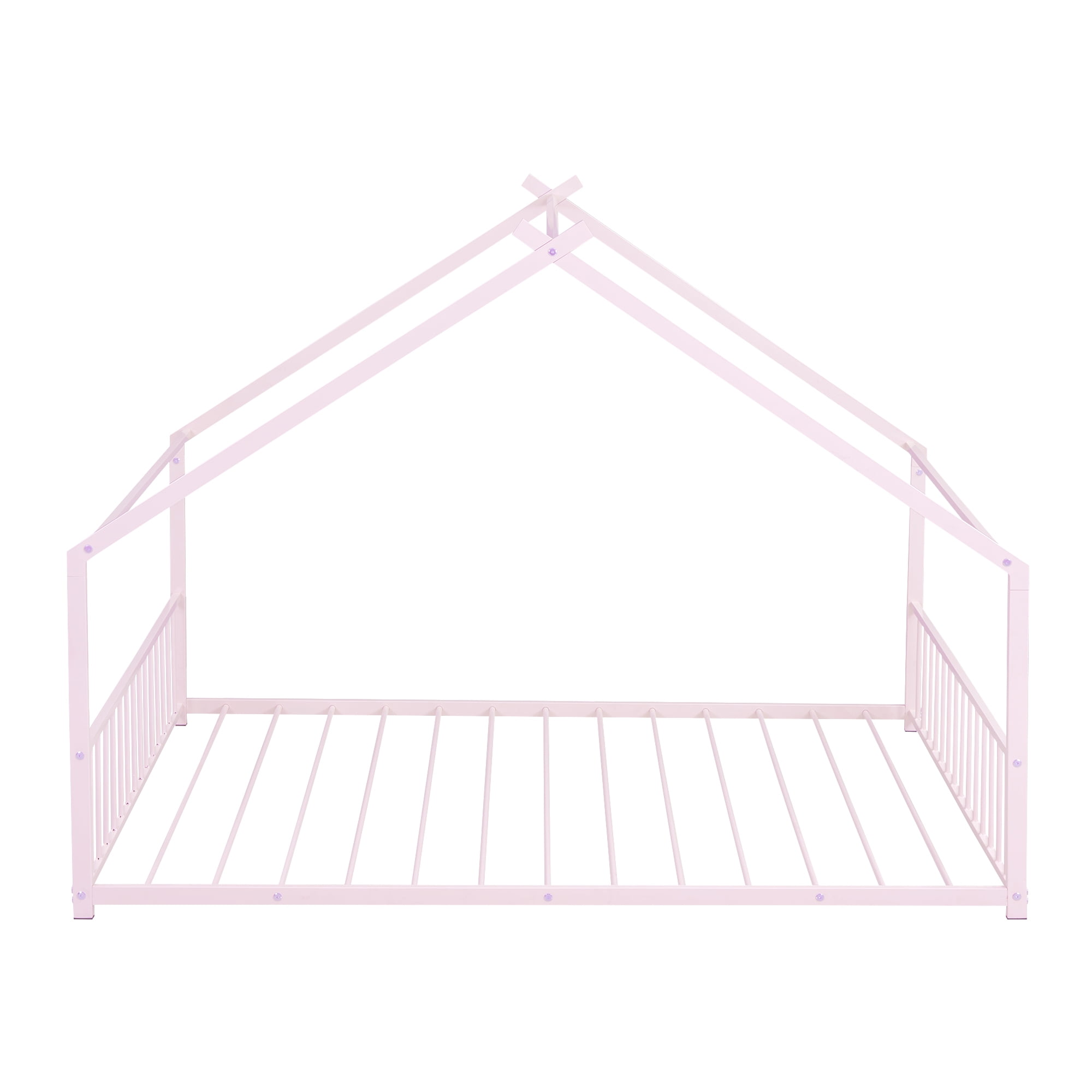 Bellemave Full Size Metal House Bed with Headboard and Footboard Montessori House Bed, Metal Floor Bed with Roof, No Box Spring Needed, Pink