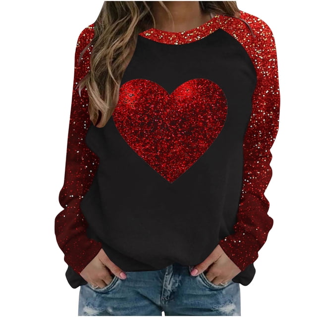 Penkiiy T-Shirts de la Saint-Valentin pour Femmes Col Rond Manches Longues Décontracté Cœur T-Shirt m Rouge