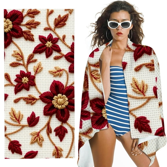 RKSupls Red Carved Flower Stamens Microfiber Beach Towel, Extra Large Quick Dry Lightweight Absorbent Towel for Travel Swimming Camping, Soft Super Absorbent- 30x60 in