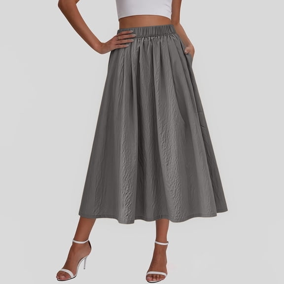 Cmfcve White Midi Skirts for Woman Medium Length Summer Skirts with Pocket Elastic Waist Casual Skirts