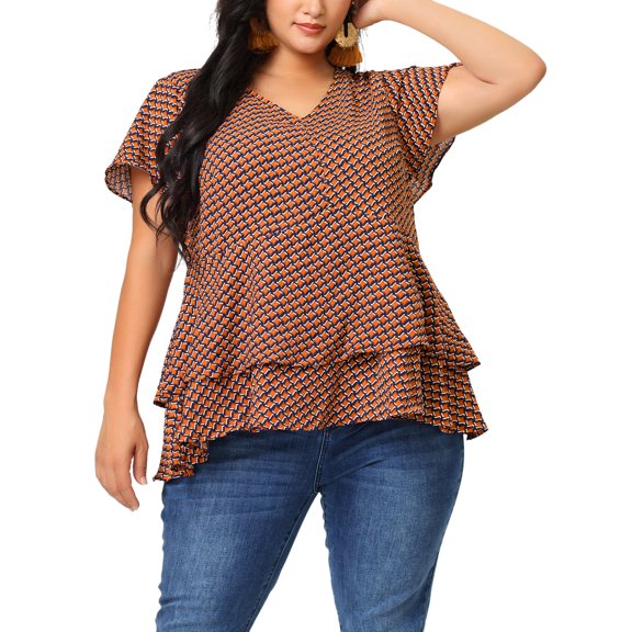 MODA NOVA Juniors' Plus Size Blouse Ruffle Hem Casual Peplum Top Brown 2X