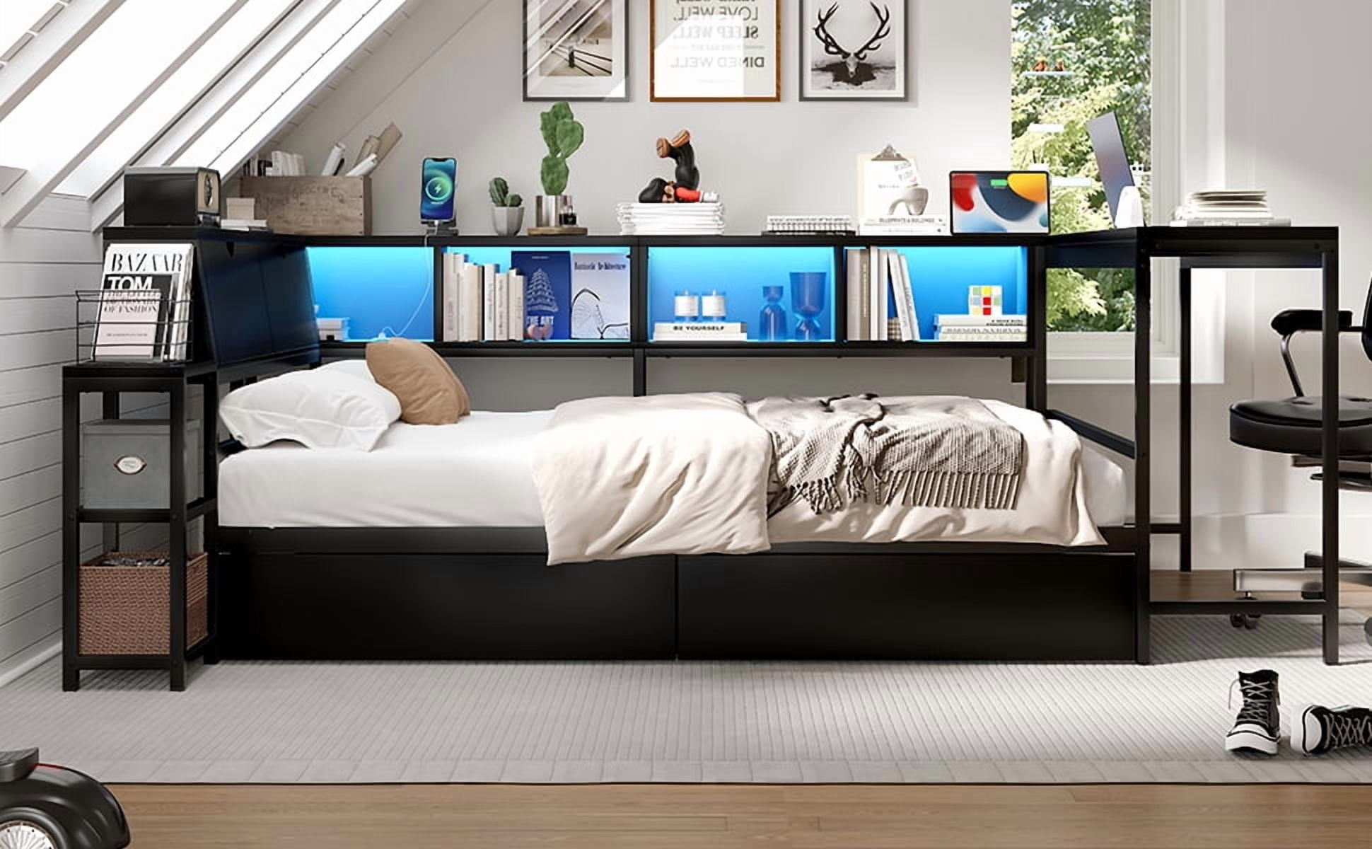 Mintazer Full Corner Bed Frame with Desk & Bookcase Headboard, Platform Bed Frame with LED Lights & Charging Station and 2 Drawers for Bedroom Living Room, Black
