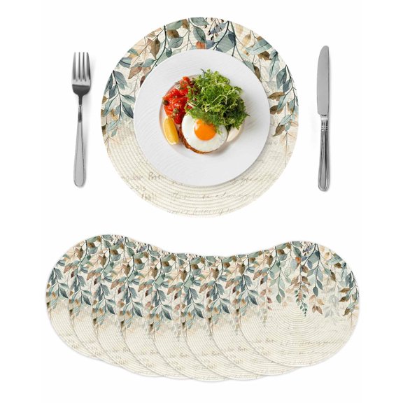 Green Brown Botanical Round 15 Inch Placemats Set of 8, Farmhouse Eucalyptus Leaves Rustic HeatResistant Non Slip Place Mats for Dining Table, Wipeable Braided Kitchen Table Mats for Housewarming