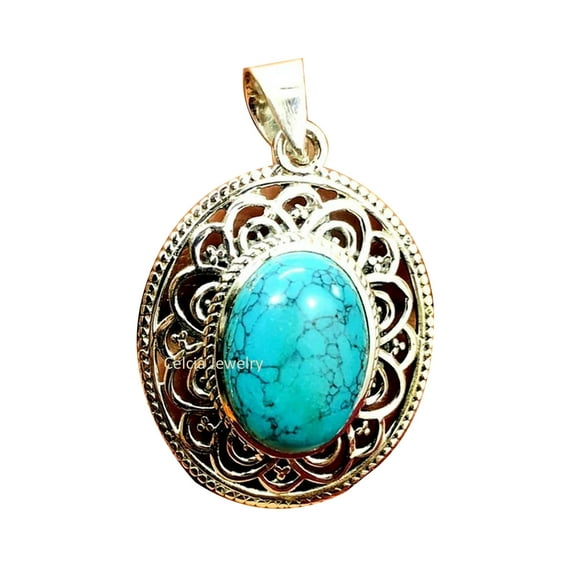 Real 925 Sterling Silver Pendant For Men Women, Natural Oval Blue Turquoise Gemstone Unique Handcrafted December Birthstone Pendant