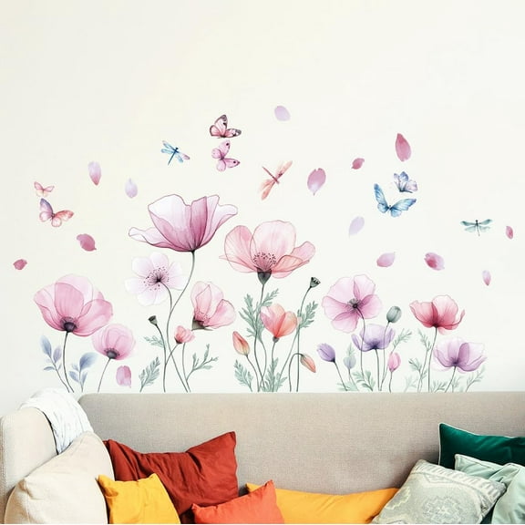 Wall Stickers Pink Flower Peel and Stick Wall Decals 2 Sheets Removable Art Decor for Bedroom Nursery Playroom Bathroom Office Decoration