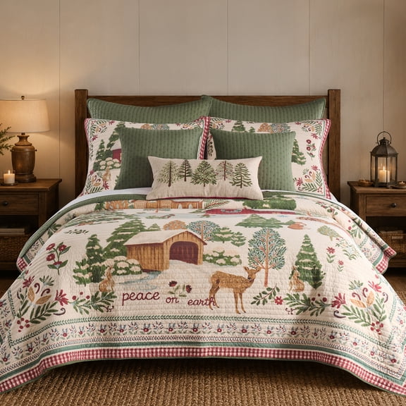 Levtex Home - Winter Wonder Quilt - Full/Queen Quilt (88x92in) - Christmas Village and Woodland Design - Sage Green, Cranberry, Cream - Reversible - Cotton