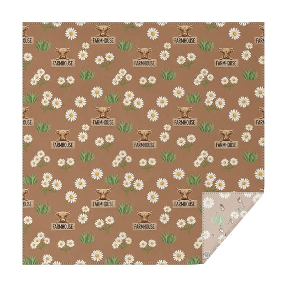 Brown Highland Cow Flower Grass Pattern Square Tablecloth,Waterproof Square Table Cover,Wipeable Spillproof Washable Table Cover for Home Kitchen Party Decor 42"X42"(107x107cm)