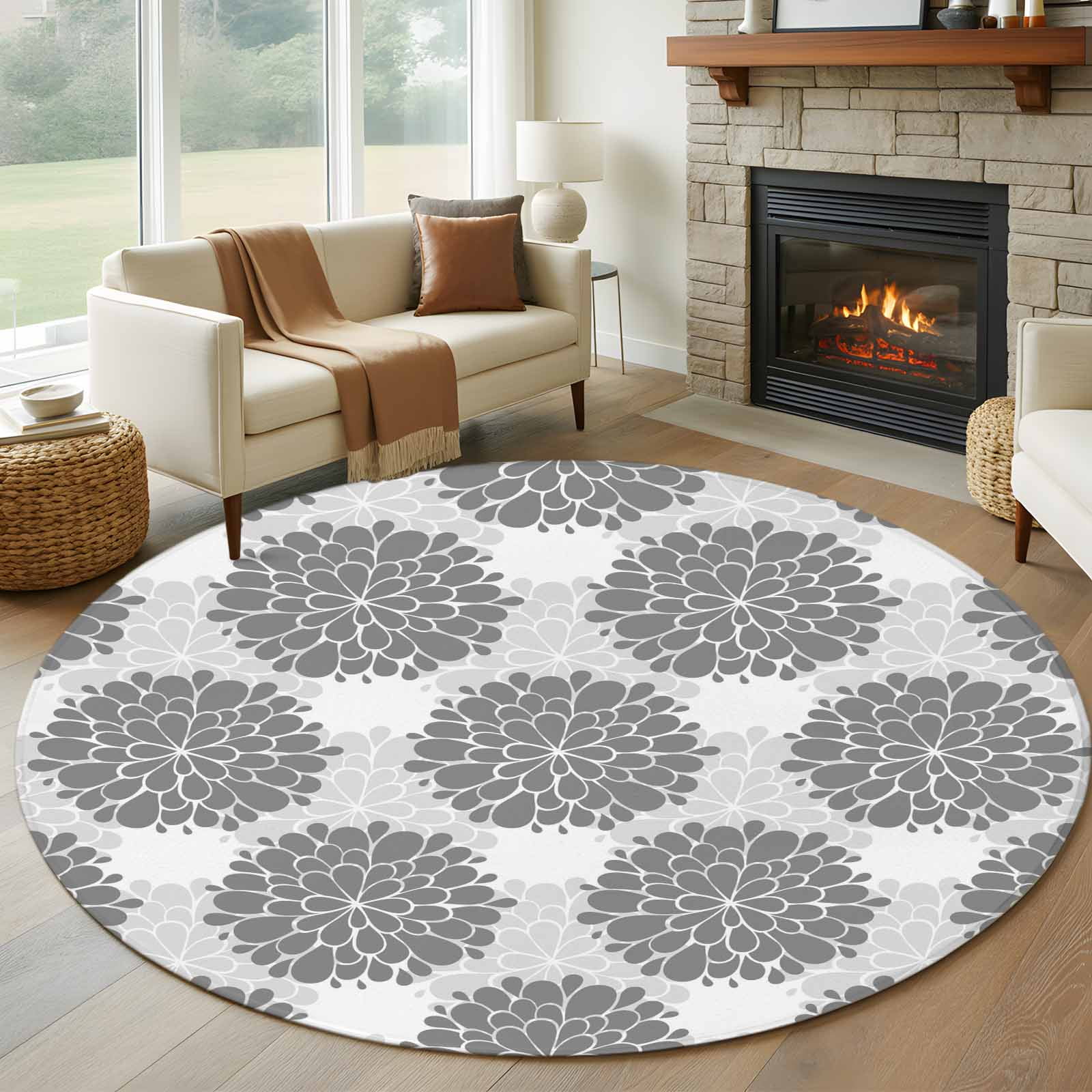 Abstract Dahlia Round Living Room Rugs 6 ft Vintage Grey Country Farmhouse Classic Washable Area Rug with Non-Slip Sturdy Edge Binding Round Carpet for Kitchen Office Bedroom