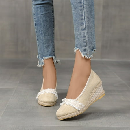 

Wedge Sandals for Women Gnobogi Women s High Heels Shoes Linen Straw Sandals Wedges Casual Canvas Dress Slippers Dresses For Women 2023 Beige