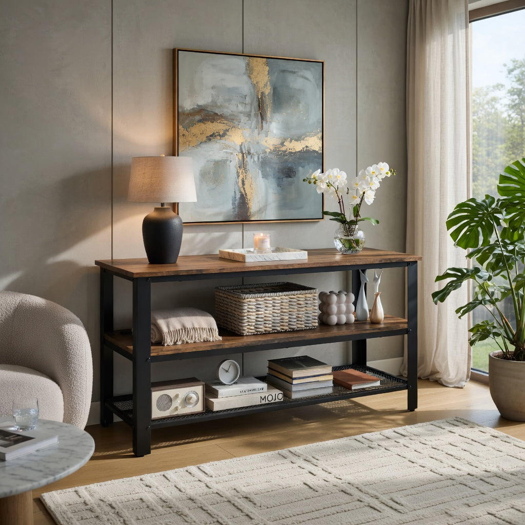 Topcobe 3-Tier Industrial Entertainment TV Stand with Metal Mesh Shelf, Modern TV Stands, TV Furniture for Living Room