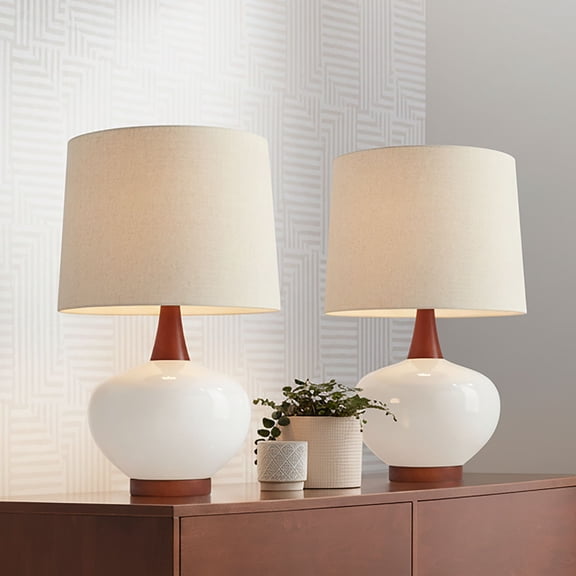 Possini Euro Design Brice 23" High Small Mid Century Modern Accent Table Lamps Set of 2 Ivory Wood Ceramic Living Room Off-White Shade