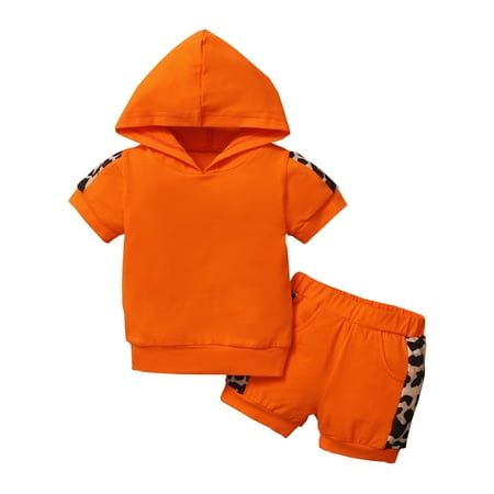 

Fesfesfes Toddler Baby Girl Short Sleeve Leopard Printed Hoodie Tops+Shorts Sports Outfits