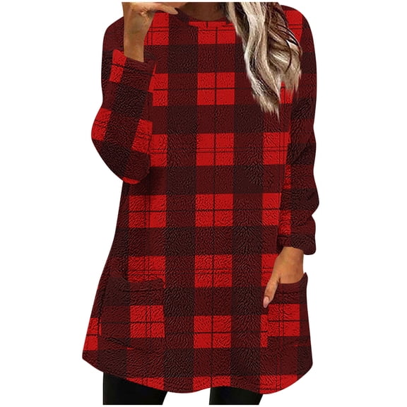 Ltctricy Women's Fluffy Oversized Sweatshirts Fuzzy Fleece Long Sleeve Crewneck Plaid Pullover Sweater Tops Plush Tunic Sweatshirts(Red,X-Large)