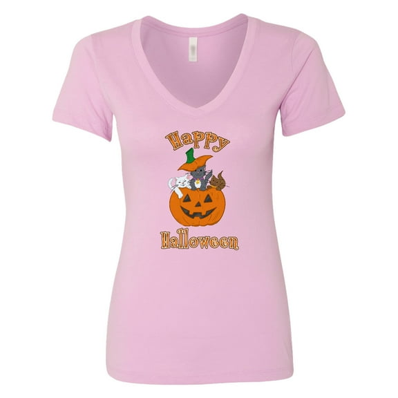 Inktastic Happy Halloween Kittens in Pumpkin Women's V-Neck T-Shirt