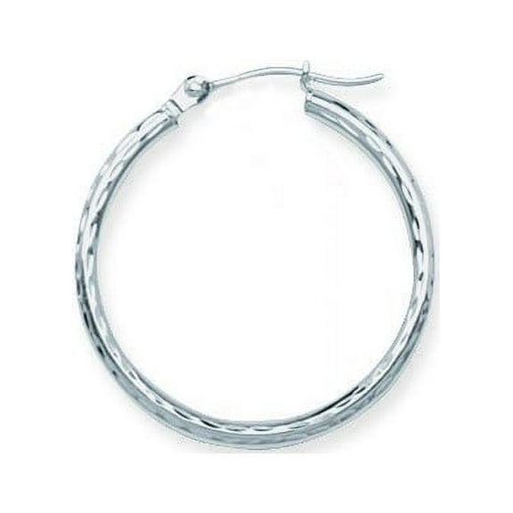 14k White Gold 2x20mm Full Sparkle-Cut Round Hoop Earrings - 1.3 Grams