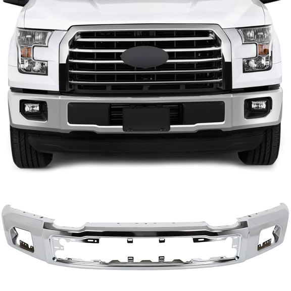 cciyu Chrome Steel Front Bumper Face Bar fit for Ford F-150 2015-2017, Comes without Parking Sensor Holes&With Fog Light Holes