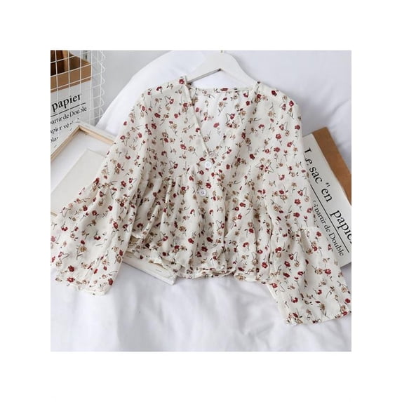 Fashion Women's Spring And Summer V Neck Floral Print Sweet Small Fresh Long Sleeves Chiffon Shirt Blouses