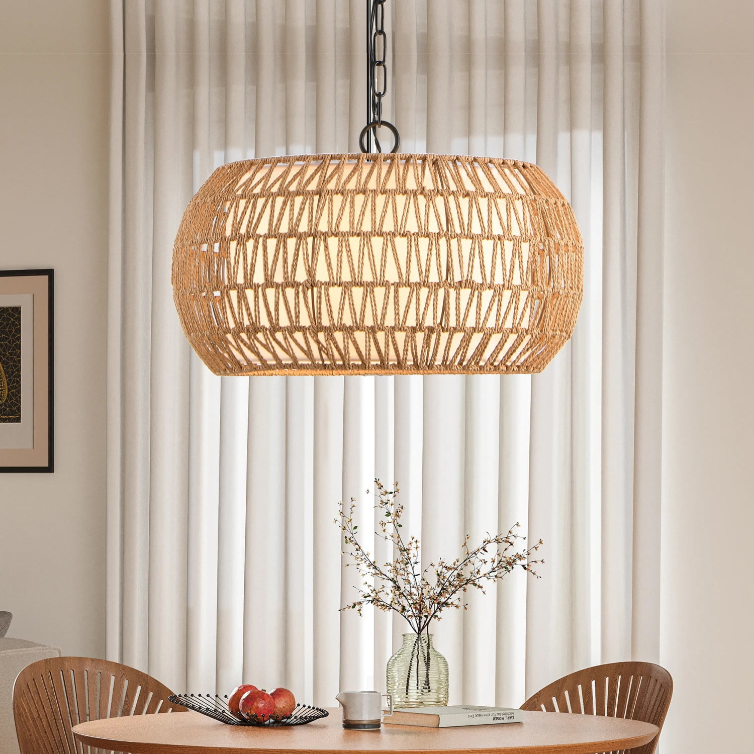 18” Farmhouse Pendant Light with Adjustable Height  Boho Woven Jute Rope Hanging Ceiling Light Fixture  E26 Base  60W Max  Compatible with Flat  Vaulted  and Sloped Ceil (Bulb Not Include