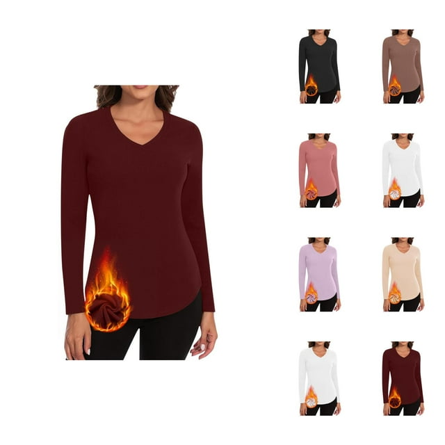 Women's Long Sleeve Shirts 2026 Fall Winter Basic V Neck Fitted Breathable Undershirt T Shirts