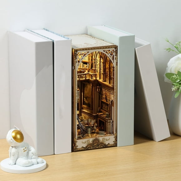 QUTETN 3D Wooden Puzzle Bookshelf DIY Book Nook with Sensor Light Bookend Building Toys Gift for Kids Xmas