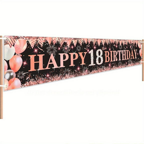 1 Piece 78.8x 17.8inch "Happy 18th Birthday" Party Banner with Pink Balloons and Holiday Decorations - Durable Polyester, No Electricity Required - Perfect for Outdoor Celebrations, Weddings