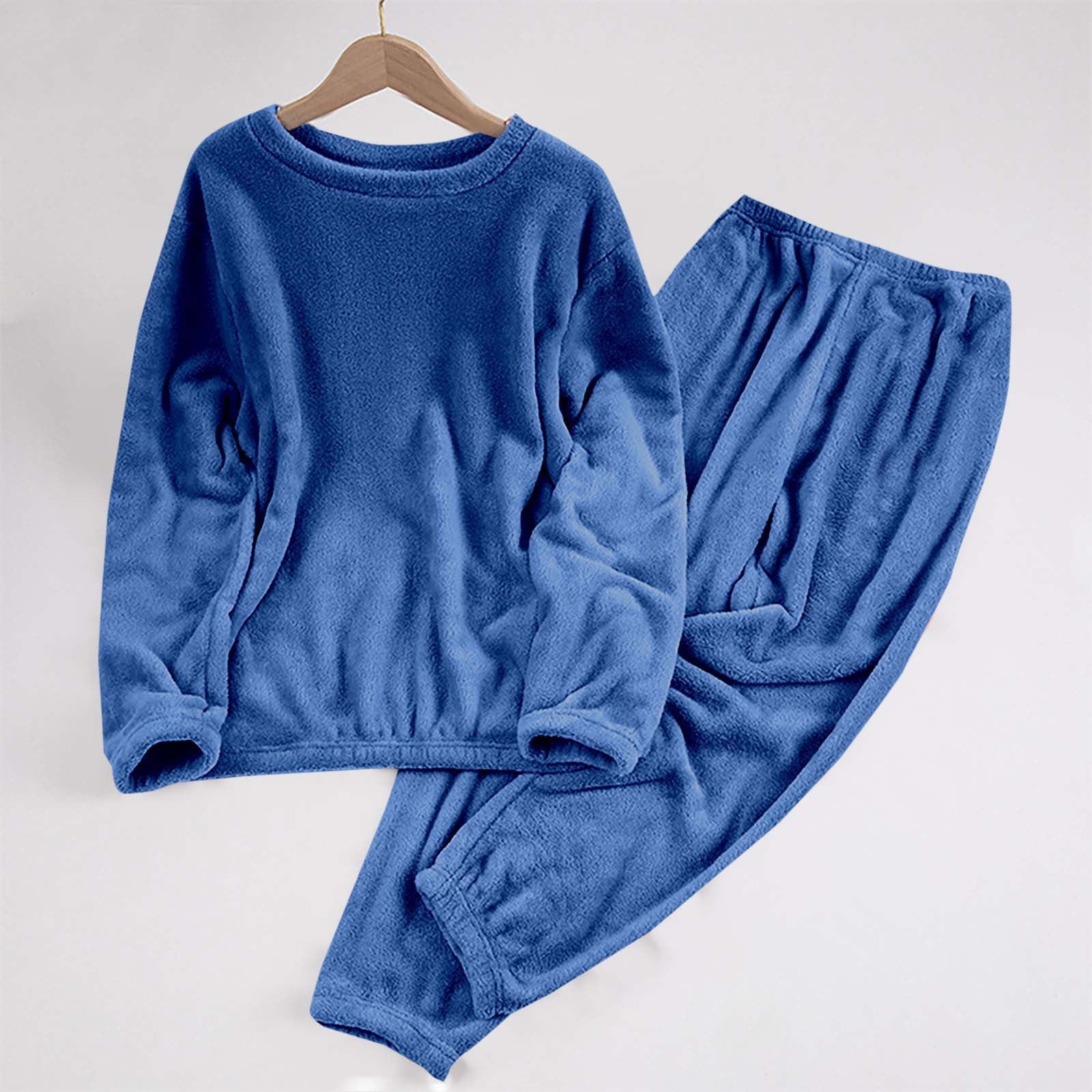 Ensemble De Pyjama En Polaire Peluche Pour Femmes Col Rond Chandail Et Pantalon Long Doux Chaud Hiver Thermique Vêtements De Nuit Coupe Ample 2 Pcs Avec Poches, Bleu Foncé, M