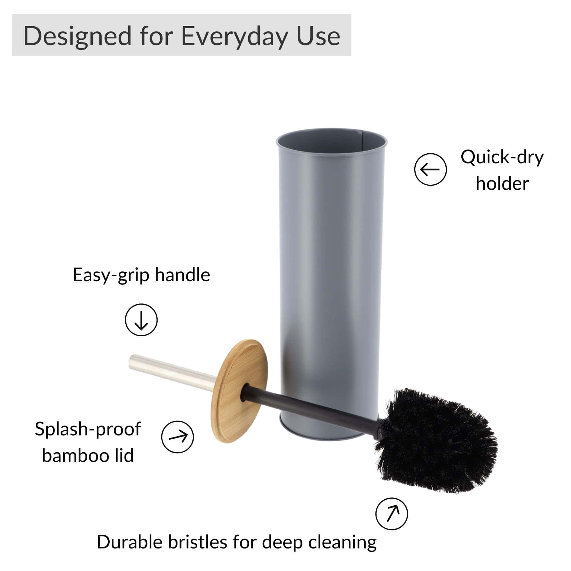Gray Metal Toilet Brush and Holder Set With Bamboo Lid