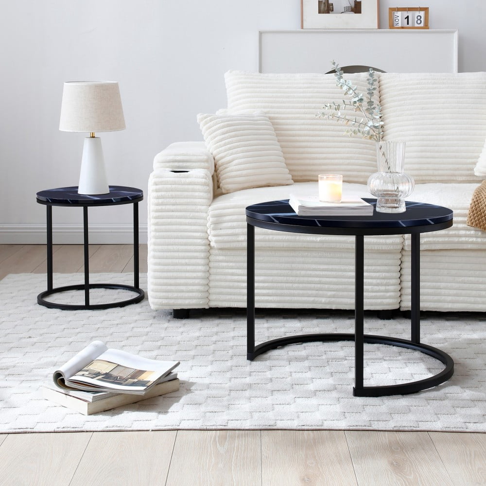 Set of 2 Nesting Coffee Tables, Black Round Marble-Look Wood Top with Black Metal Frame, Modern Industrial Side Tables, End Tables for Living Room, Bedroom