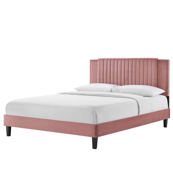Platform Bed Frame, Tufted, Rivet Nailhead, Pink, Velvet, Mid Century Bedroom, Modern Contemporary Boutique HB35533