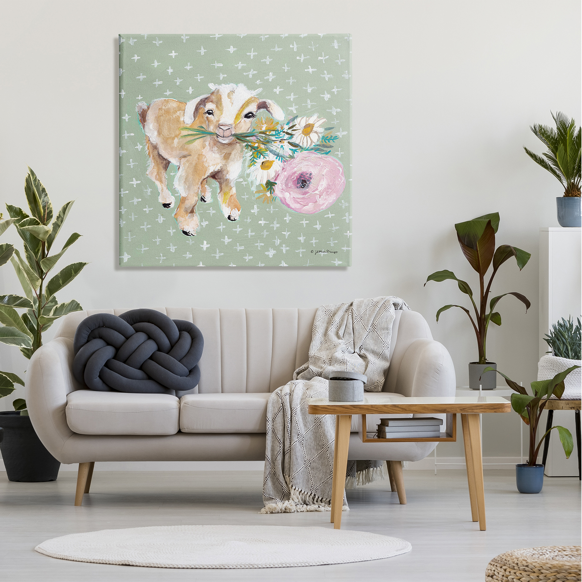 Stupell Industries Attentive Buckling Goat Offering Flowers Studded Backdrop,36 x 36, Design by Jessica Mingo